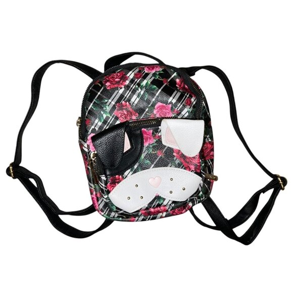 Kitschy Betsey Johnson Black Plaid Floral Puppy Dog Face Backpack Purse main image 5